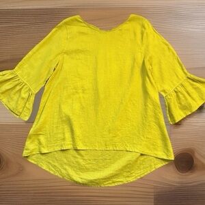 JOHN MARK Blouse Womens Medium Yellow 100% Linen Ruffled Bell Sleeve Hi-Low Top
